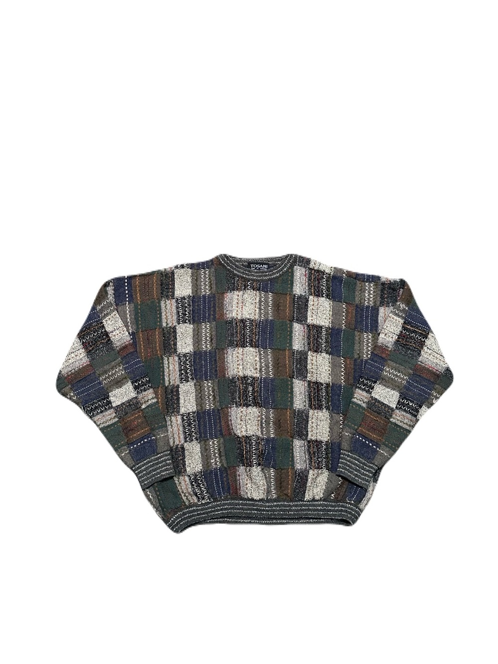 VTG 90s TOSANI Patchwork textured Knit sweater XL canada made wool blend 3D
